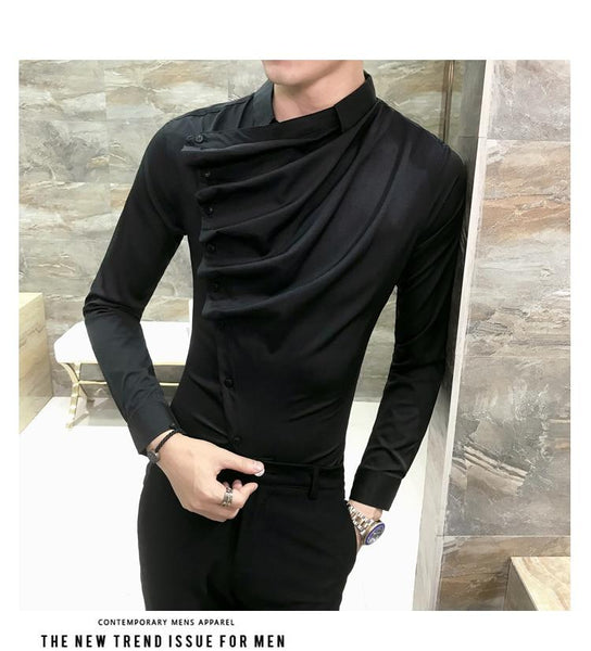 Korean Style Men's Front Fold Design Long Sleeves Front Fold Slim Fit Shirt - SolaceConnect.com