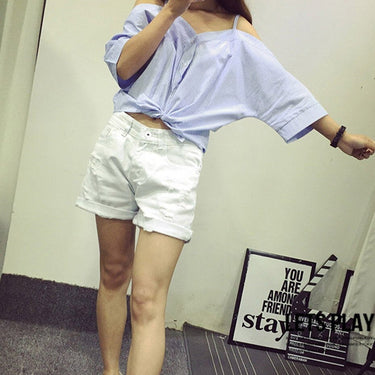 Korean Style Sweet Off Shoulder Women’s Striped Slash Neck Summer Blouse  -  GeraldBlack.com
