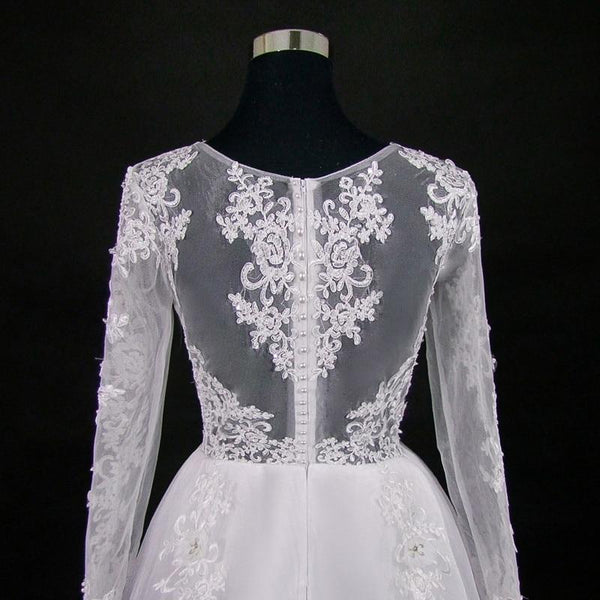 Lace Applique Wedding Dress Pearl 2 in 1 Bridal Gowns with Detachable Train - SolaceConnect.com