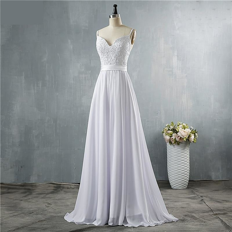 Lace Backless Spaghetti Straps Gown Style Floor Length Beach Wedding Dress - SolaceConnect.com