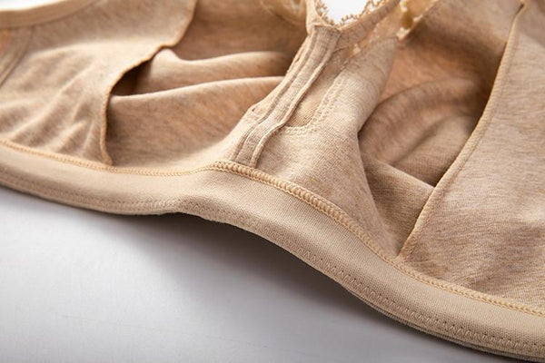 Lace Trim Full Coverage Cotton Wirefree Beige Color Bra in Plus Size - SolaceConnect.com