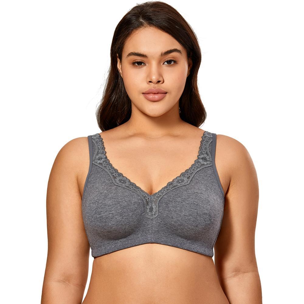 Lace Trim Full Coverage Cotton Wirefree Charcoal Heather Color Bra in Plus Size  -  GeraldBlack.com