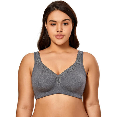 Lace Trim Full Coverage Cotton Wirefree Charcoal Heather Color Bra in Plus Size  -  GeraldBlack.com