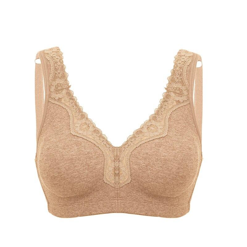 Lace Trim Full Coverage Cotton Wirefree Oatmeal Heather Color Bra in Plus Size  -  GeraldBlack.com