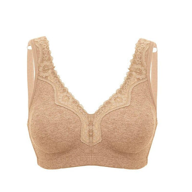 Lace Trim Full Coverage Cotton Wirefree Oatmeal Heather Color Bra in Plus Size  -  GeraldBlack.com