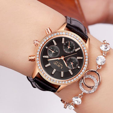 Ladies Casual Leather Quartz Watch with Stainless Steel Round Case - SolaceConnect.com