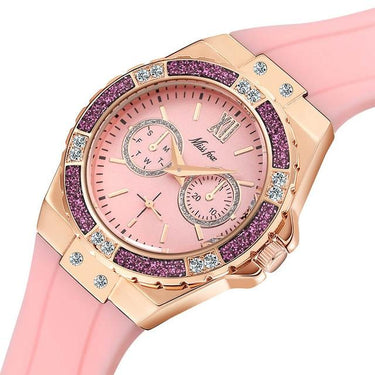 Ladies Diamond Rose Gold Blue Rubber Band Analog Chronograph Sport Watches - SolaceConnect.com