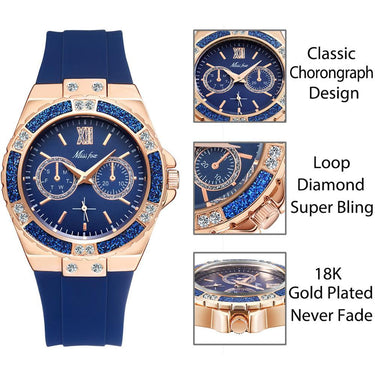 Ladies Diamond Rose Gold Blue Rubber Band Analog Chronograph Sport Watches - SolaceConnect.com