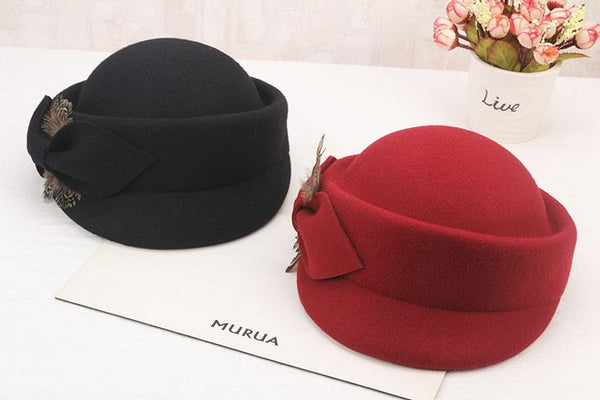 Ladies Fashion Wool Elegant Leisure Students Feather Bow Cap Fedora Hat - SolaceConnect.com
