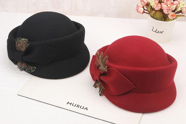 Ladies Fashion Wool Elegant Leisure Students Feather Bow Cap Fedora Hat - SolaceConnect.com