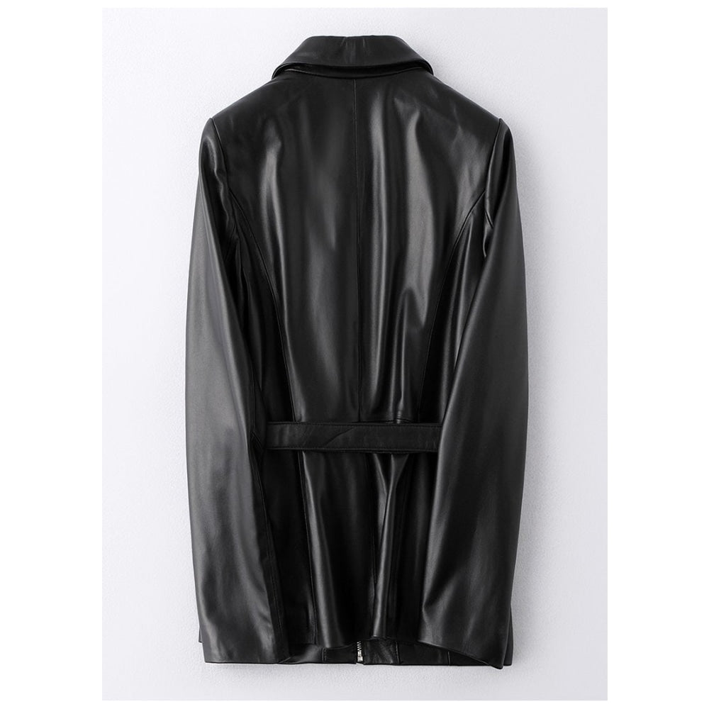 Ladies Genuine Leather Slim Outerwear Jacket with Belt for Autumn  -  GeraldBlack.com