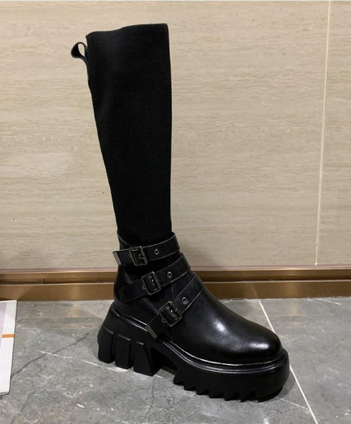 Ladies Gothic Knee High Knitted Fabric Socks Boots with Strap Buckle - SolaceConnect.com