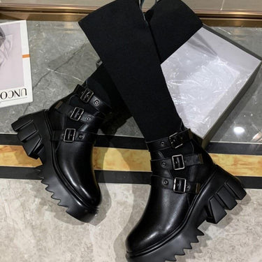 Ladies Gothic Knee High Knitted Fabric Socks Boots with Strap Buckle - SolaceConnect.com