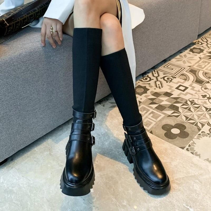 Ladies Gothic Knee High Knitted Fabric Socks Boots with Strap Buckle  -  GeraldBlack.com