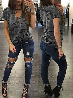 Ladies Summer Short Sleeve Camouflage Loose Casual T-Shirt Tops - SolaceConnect.com