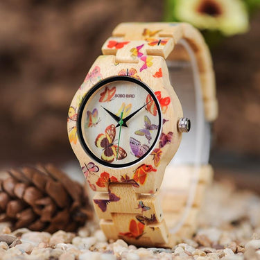 Ladies Wooden Bamboo Band Butterfly Painting Round Quartz Watches - SolaceConnect.com