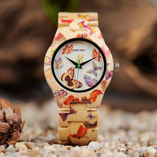 Ladies Wooden Bamboo Band Butterfly Painting Round Quartz Watches - SolaceConnect.com