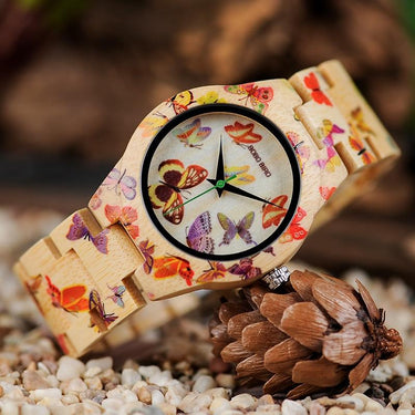 Ladies Wooden Bamboo Band Butterfly Painting Round Quartz Watches  -  GeraldBlack.com