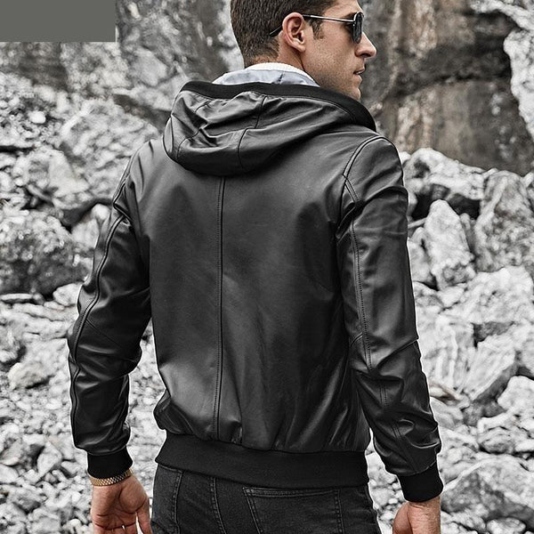 Lambskin Genuine Leather Patchwork Pattern Hoodie Coat for Men - SolaceConnect.com