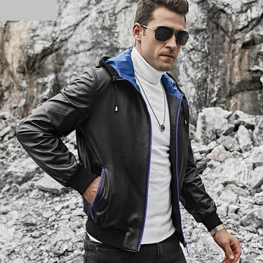 Lambskin Genuine Leather Patchwork Pattern Hoodie Coat for Men - SolaceConnect.com