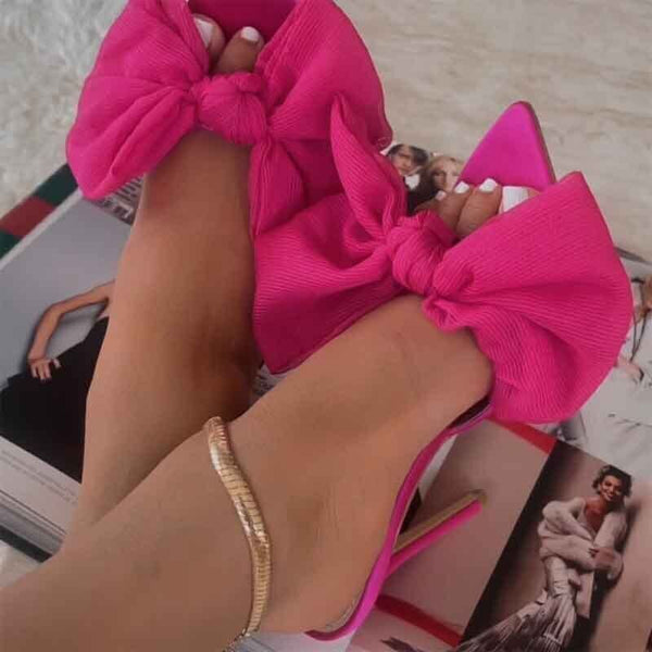 Large Bow Tie Sexy Thin Heel Super High Heel Pumps Mules Lace Pointed End Fashionable Women  -  GeraldBlack.com