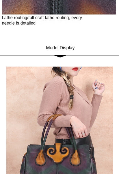 Large Capacity Genuine Leather Vintage Women Tote Shoulder Handbag  -  GeraldBlack.com