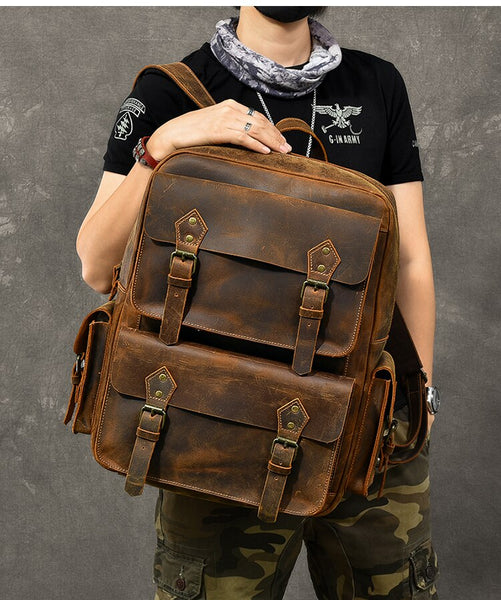 Large Capacity Men's Backpack Computer Bag Outdoor Retro Leather Travel Backpacks Original Oversized  -  GeraldBlack.com