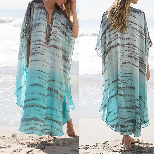 Large Print Chiffon Beach Cover Up Plus Size Bikini Maxi Dress - SolaceConnect.com