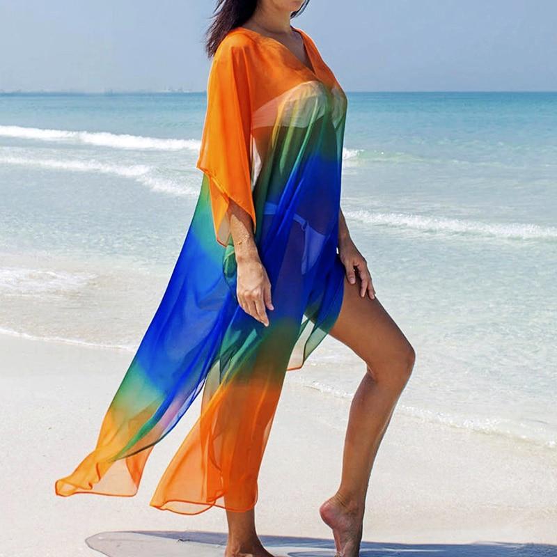 Large Print Chiffon Beach Cover Up Plus Size Bikini Maxi Dress  -  GeraldBlack.com