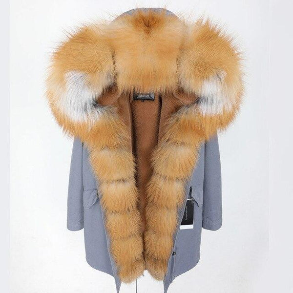 L5 Women's leather jacket Large Natural Fox Fur Hooded Coat Parka Outwear Long Detachable Lining winter jackets - SolaceConnect.com