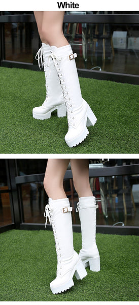 Leather Lacing Knee High Boots for Women with White Square Heel - SolaceConnect.com