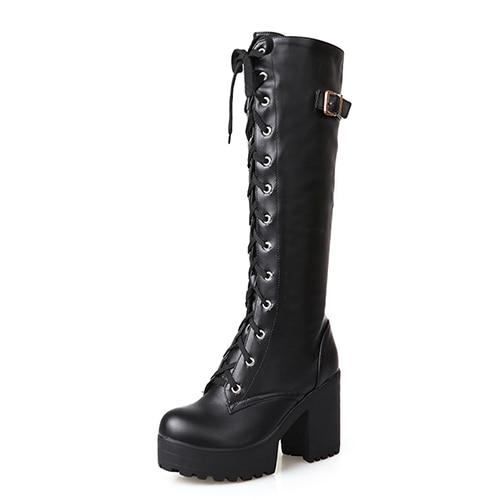 Leather Lacing Knee High Boots for Women with White Square Heel - SolaceConnect.com