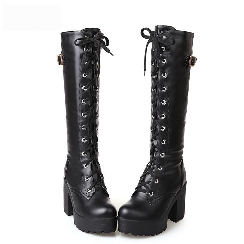 Leather Lacing Knee High Boots for Women with White Square Heel  -  GeraldBlack.com