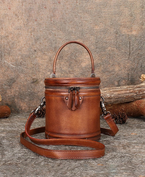 Leather Literary Women Retro Handmade Soft Messenger Small Bucket Handbag  -  GeraldBlack.com