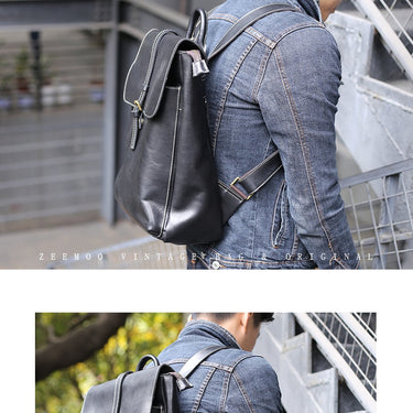 Leather men's backpack retro black laptop backpack top layer cowhide casual large-capacity computer bag  -  GeraldBlack.com