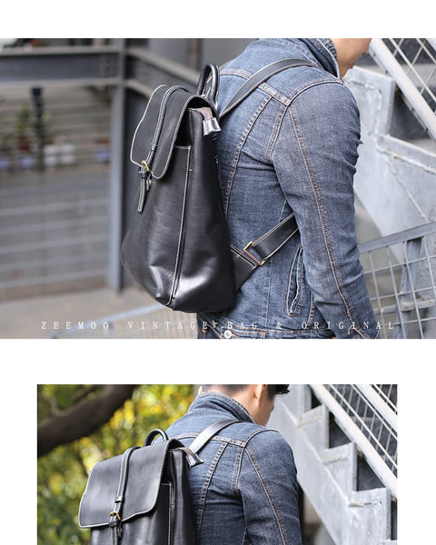 Leather men's backpack retro black laptop backpack top layer cowhide casual large-capacity computer bag  -  GeraldBlack.com