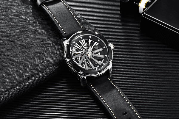 Leather Stainless Steel Skeleton Waterproof Military Mechanical Wristwatch  -  GeraldBlack.com