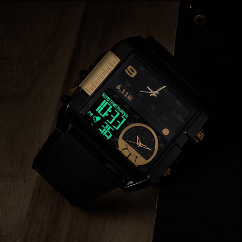 LED Digital Dual Display Men's Big Size Square Dial Leather Sport Watch - SolaceConnect.com