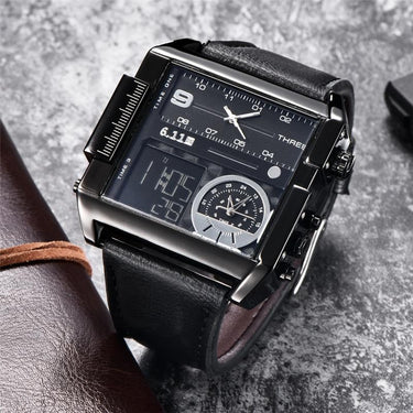 LED Digital Dual Display Men's Big Size Square Dial Leather Sport Watch - SolaceConnect.com