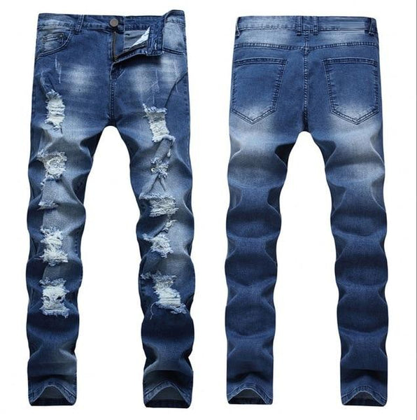 Light Blue Denim Designer Ripped Jeans Slim Fit Joggers Pants for Men - SolaceConnect.com