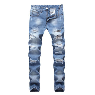 Light Blue Denim Designer Ripped Jeans Slim Fit Joggers Pants for Men - SolaceConnect.com