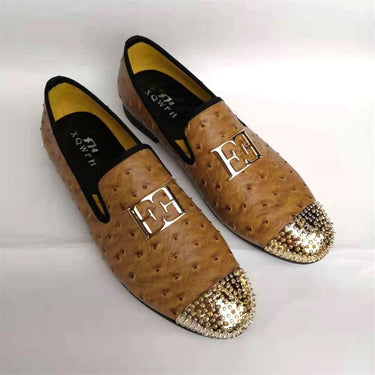 Light Brown Men's Office Casual Breathable Ostrich Leather Slip on Loafers Shoes  -  GeraldBlack.com