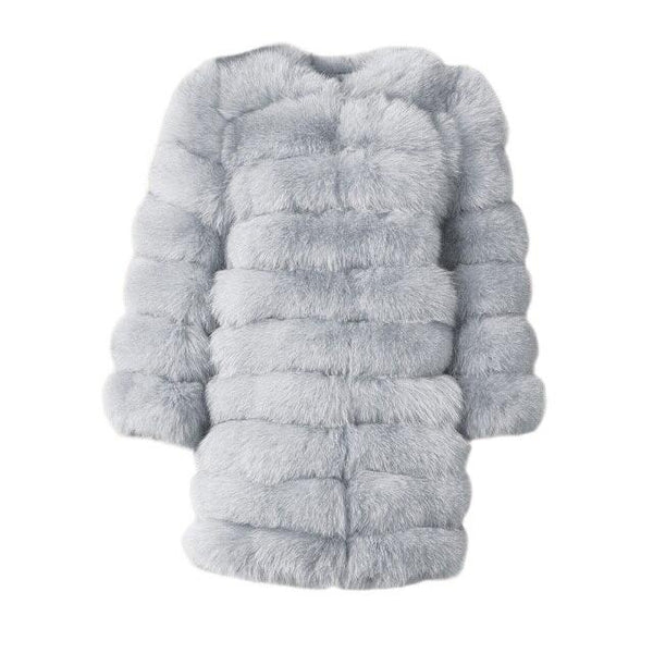 Light Grey Color Winter Women Fox Fur Long Coats Detachable Thick Fur Jacket Lady Fashion Overcoat - SolaceConnect.com