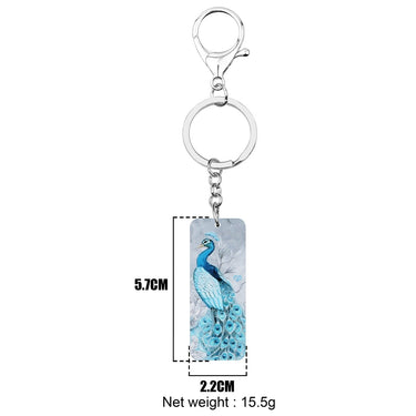 Long Acrylic Blue Rectangle Peapock Peafowls Bird Keychains Jewelry - SolaceConnect.com