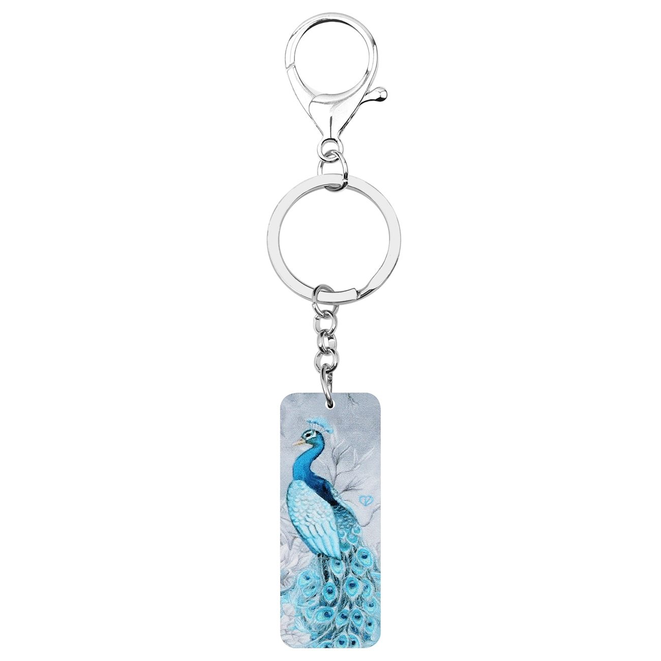 Long Acrylic Blue Rectangle Peapock Peafowls Bird Keychains Jewelry  -  GeraldBlack.com