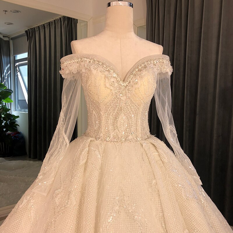 Long Sleeve Ball Gown Off Shoulder Lace Heavy Beads Bridal Wedding Dress - SolaceConnect.com