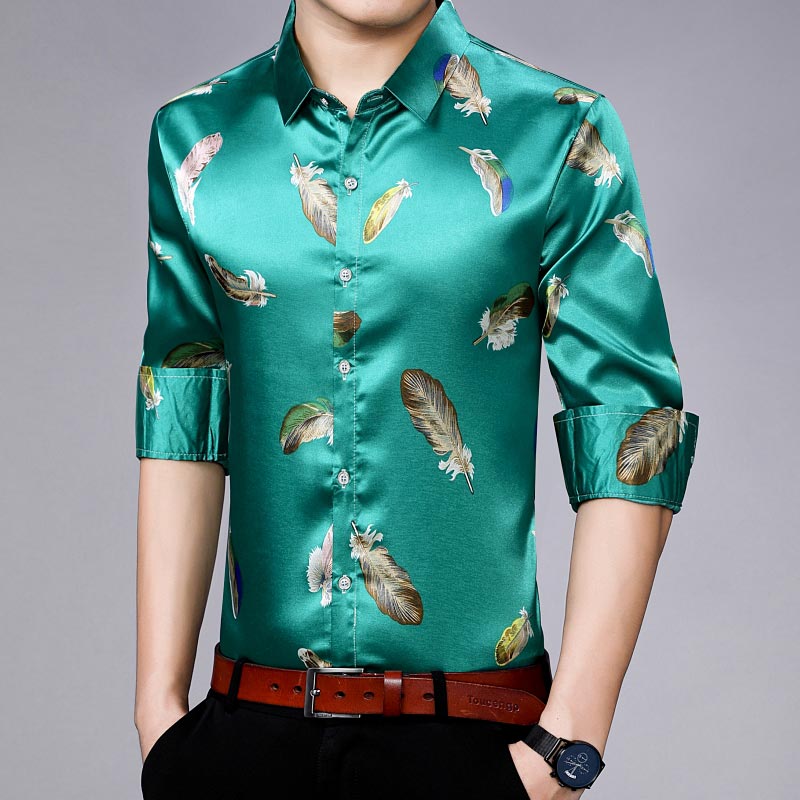 Long Sleeve Men Social Shirt Streetwear Casual Feather Shirts Dress Mens Slim Regular Fit Fashions  -  GeraldBlack.com