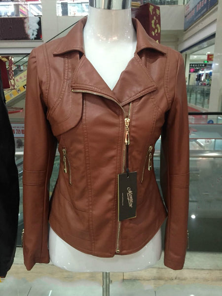 Long Sleeve Synthetic Leather Women's Short Autumn Jacket with Zipper - SolaceConnect.com