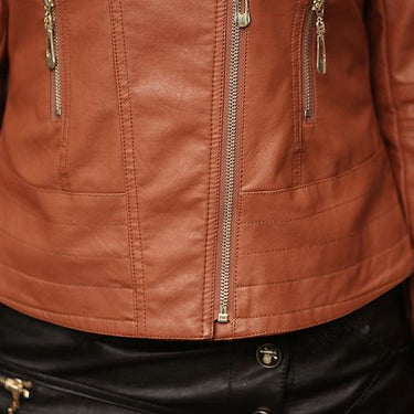 Long Sleeve Synthetic Leather Women's Short Autumn Jacket with Zipper - SolaceConnect.com