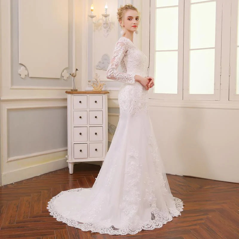 Long Sleeve V-Neck Sexy Mermaid Lace Wedding Dress with Beaded Appliques  -  GeraldBlack.com